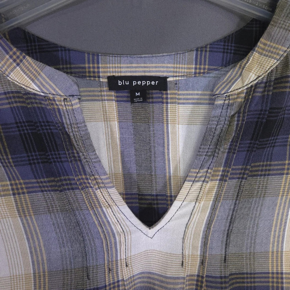 Blu Pepper Plaid Tunic Blouse Size Medium Lantern Sleeve Notch Neck Boho Western - Picture 2 of 8